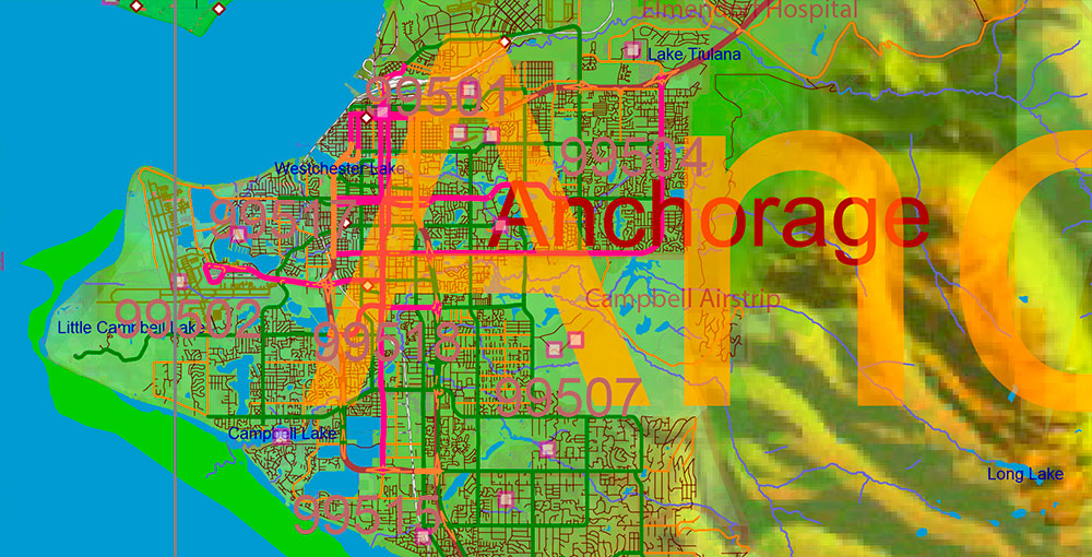 Alaska State US Map Vector Exact Shaded Relief Roads Street High Detailed Map + Counties + Zipcodes editable Adobe Illustrator in layers