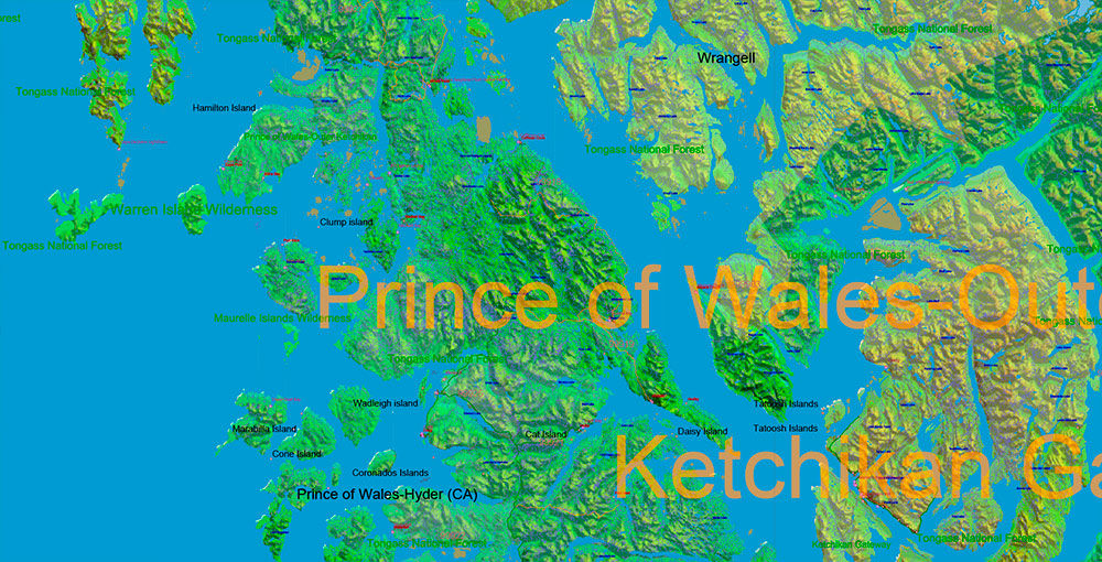 Alaska State US Map Vector Exact Shaded Relief Roads Street High Detailed Map + Counties + Zipcodes editable Adobe Illustrator in layers
