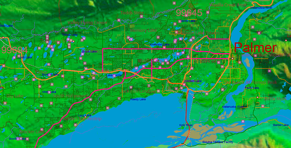 Alaska State US Map Vector Exact Shaded Relief Roads Street High Detailed Map + Counties + Zipcodes editable Adobe Illustrator in layers