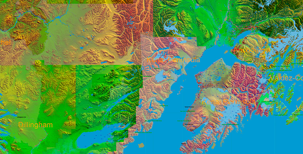 Alaska State US Map Vector Exact Shaded Relief Roads Street High Detailed Map + Counties + Zipcodes editable Adobe Illustrator in layers
