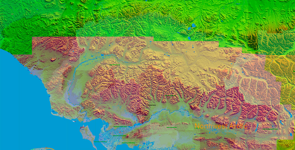 Alaska State US Map Vector Exact Shaded Relief Roads Street High Detailed Map + Counties + Zipcodes editable Adobe Illustrator in layers