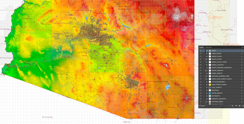 Arizona State US Map Vector Exact Colored Reliaf and Roads High ...