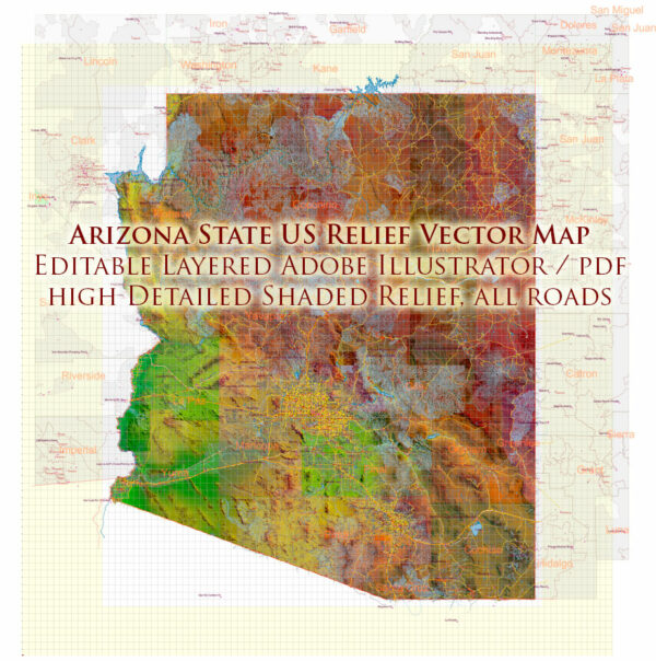 _Arizona State US Map Vector Exact Shaded Reliaf and Roads High Detailed Map + Counties + Zipcodes editable Adobe Illustrator in layers Arizona State US Map Vector Exact Shaded Reliaf and Roads High Detailed Map + Counties + Zipcodes editable Adobe Illustrator in layers
