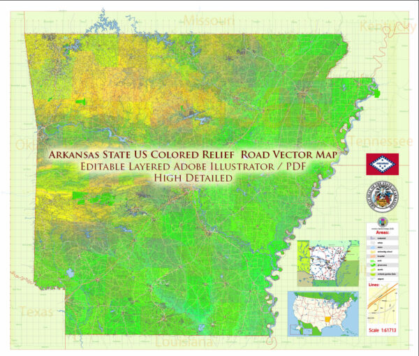 Arkansas State US Map Vector Exact Colored Relief and Roads High Detailed Map + Counties editable Adobe Illustrator in layers
