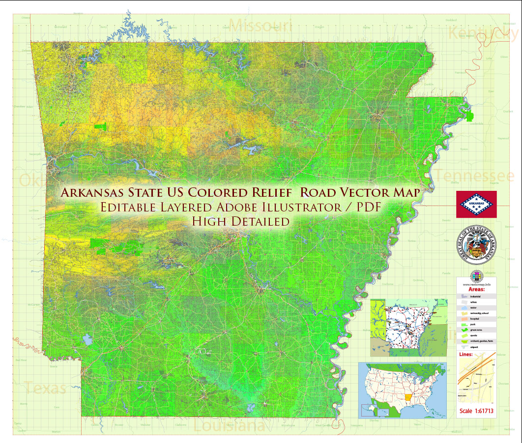 Arkansas State US Map Vector Exact Colored Relief and Roads High Detailed Map + Counties editable Adobe Illustrator in layers
