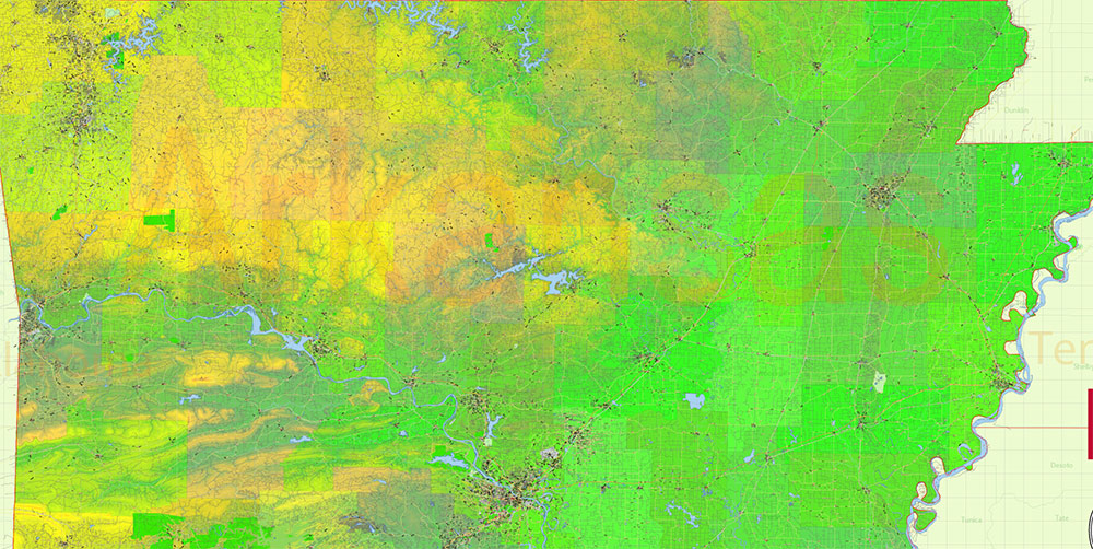 Arkansas State US Map Vector Exact Colored Relief and Roads High Detailed Map + Counties editable Adobe Illustrator in layers