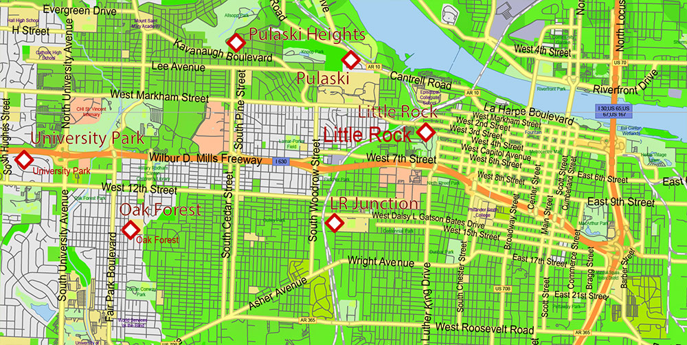 Arkansas State US Map Vector Exact Colored Relief and Roads High Detailed Map + Counties editable Adobe Illustrator in layers