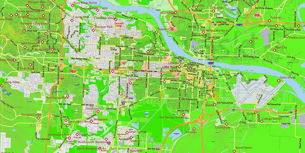 Arkansas State US Map Vector Exact Colored Relief and Roads High Detailed Map + Counties editable Adobe Illustrator in layers