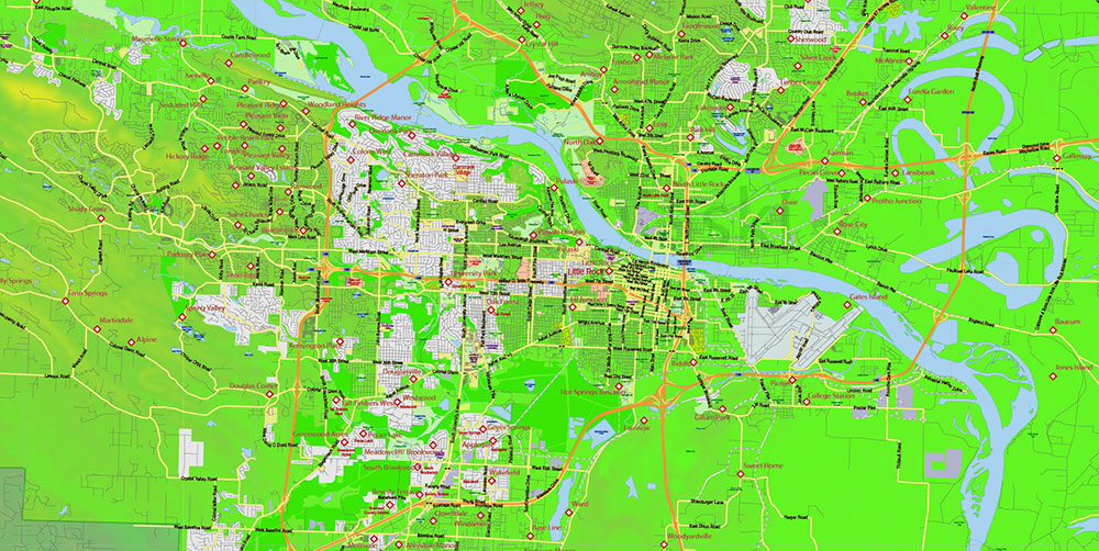 Arkansas State US Map Vector Exact Colored Relief and Roads High Detailed Map + Counties editable Adobe Illustrator in layers