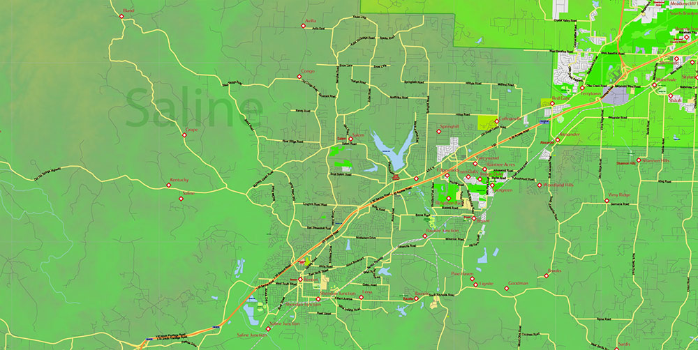 Arkansas State US Map Vector Exact Colored Relief and Roads High Detailed Map + Counties editable Adobe Illustrator in layers