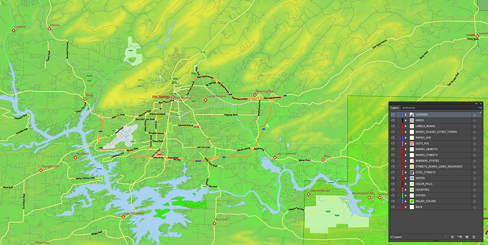 Arkansas State US Map Vector Exact Colored Relief and Roads High Detailed Map + Counties editable Adobe Illustrator in layers