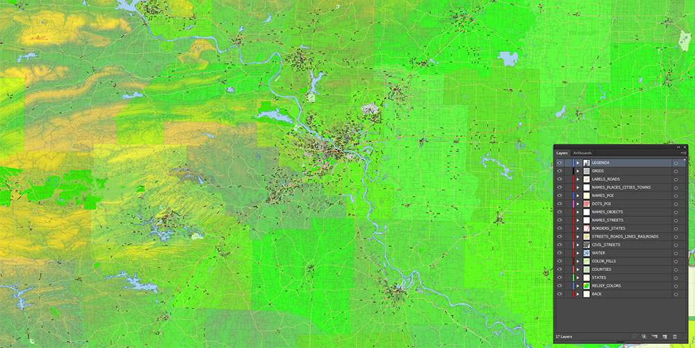 Arkansas State US Map Vector Exact Colored Relief and Roads High Detailed Map + Counties editable Adobe Illustrator in layers