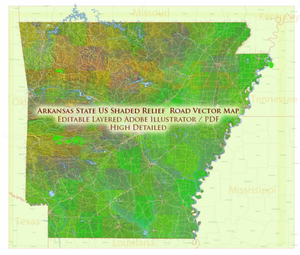 Arkansas State US Map Vector Exact Shaded Reliaf and Roads High Detailed Map + Counties editable Adobe Illustrator in layers