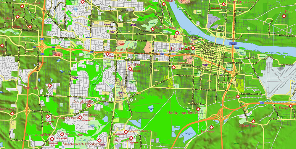 Arkansas State US Map Vector Exact Shaded Reliaf and Roads High Detailed Map + Counties editable Adobe Illustrator in layers