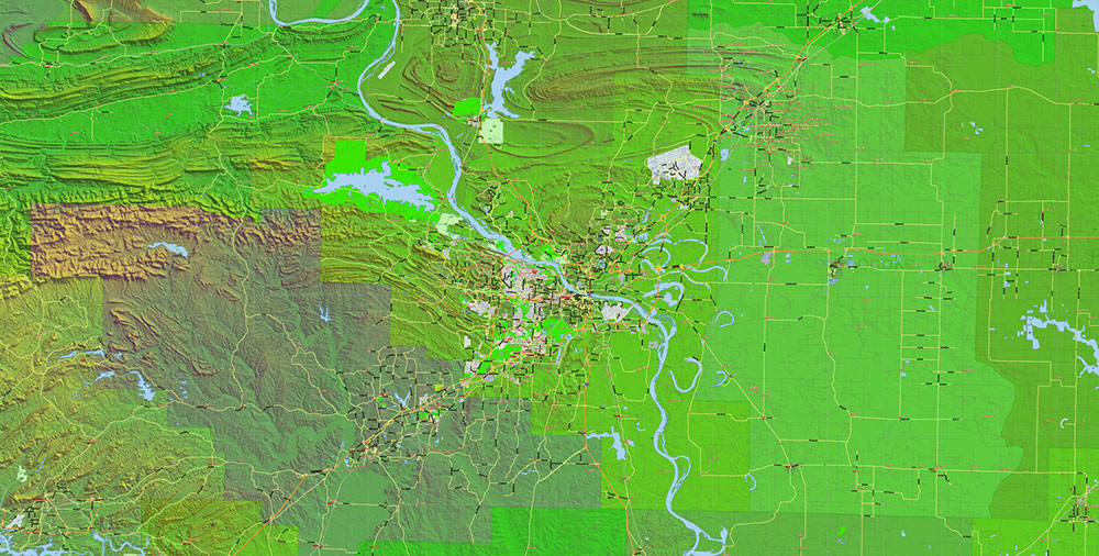 Arkansas State US Map Vector Exact Shaded Reliaf and Roads High Detailed Map + Counties editable Adobe Illustrator in layers