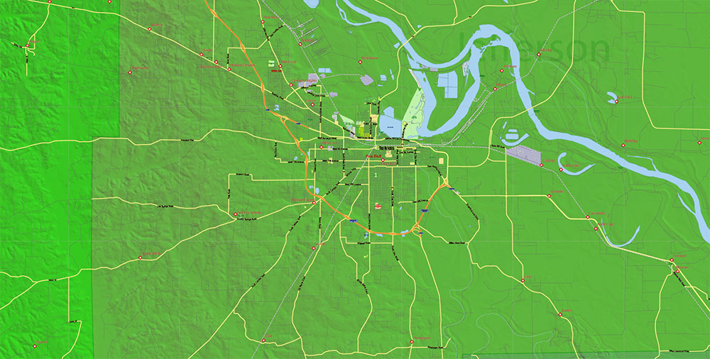 Arkansas State US Map Vector Exact Shaded Reliaf and Roads High Detailed Map + Counties editable Adobe Illustrator in layers