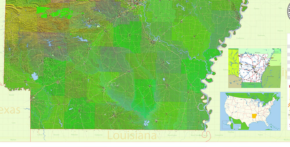 Arkansas State US Map Vector Exact Shaded Reliaf and Roads High Detailed Map + Counties editable Adobe Illustrator in layers