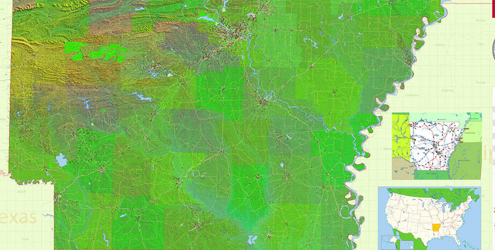 Arkansas State US Map Vector Exact Shaded Reliaf and Roads High Detailed Map + Counties editable Adobe Illustrator in layers
