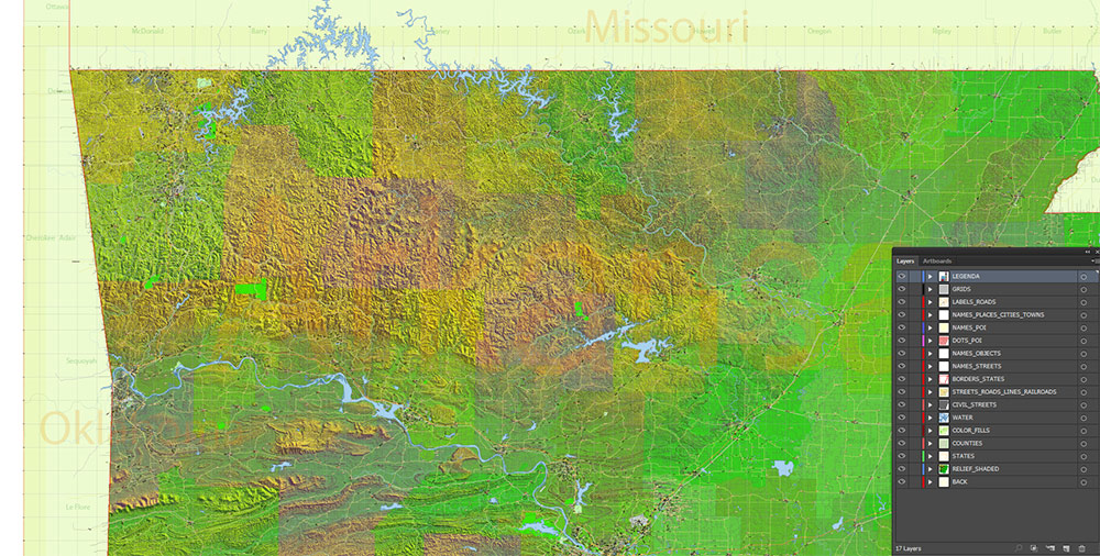 Arkansas State US Map Vector Exact Shaded Reliaf and Roads High Detailed Map + Counties editable Adobe Illustrator in layers