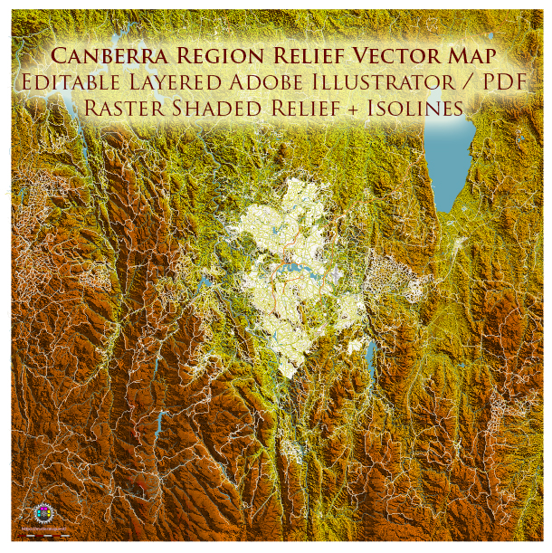 Canberra Australia Shaded Relief Map Vector Exact High Detailed City Plan editable Adobe Illustrator Street Map in layers