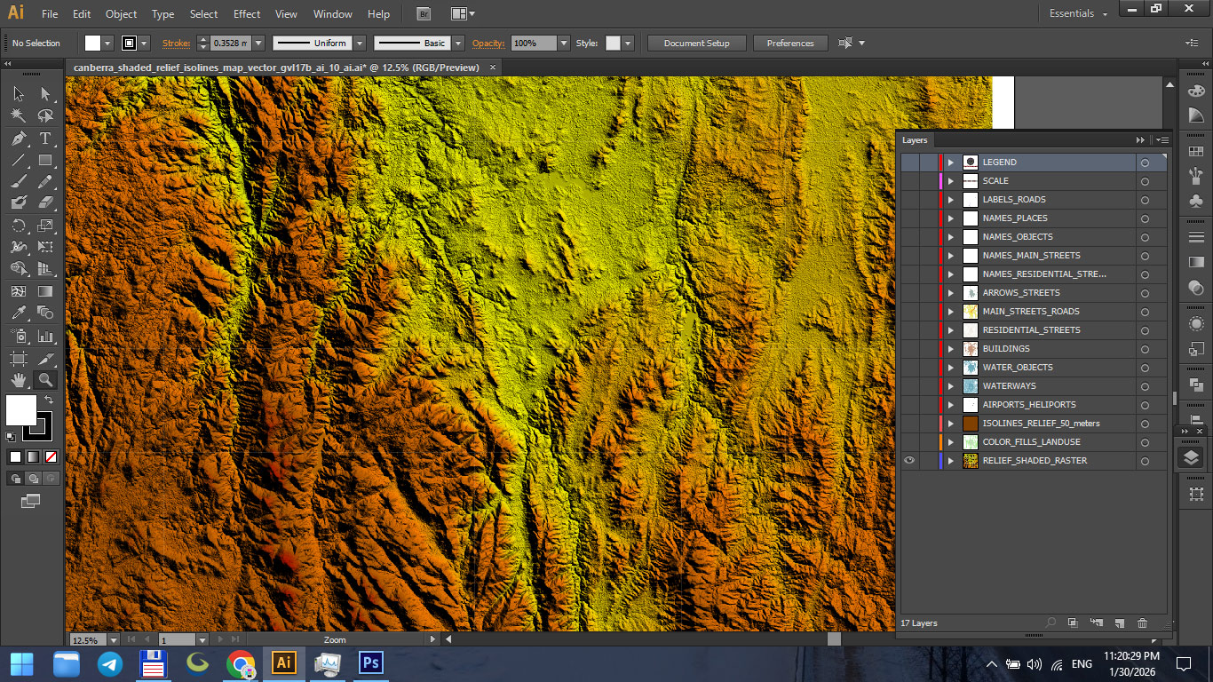 Canberra Australia Shaded Relief Map Vector Exact High Detailed City Plan editable Adobe Illustrator Street Map in layers
