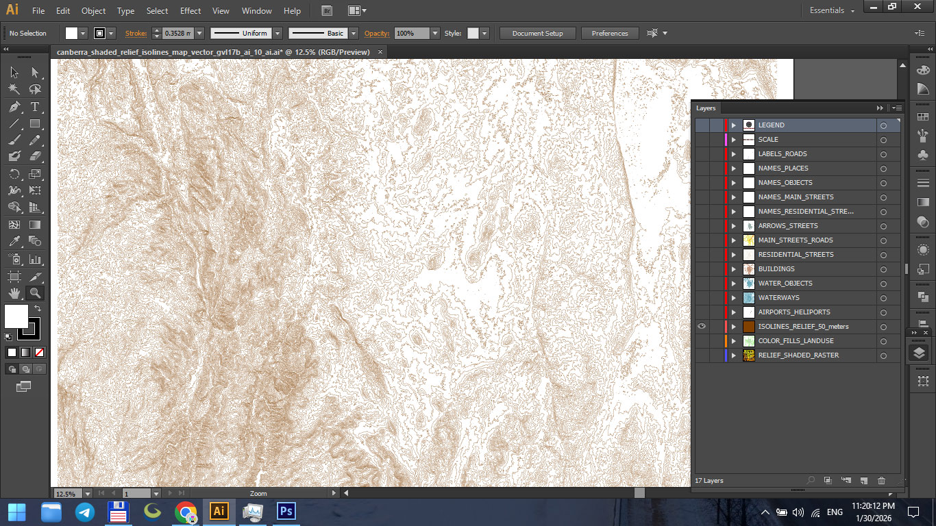 Canberra Australia Shaded Relief Map Vector Exact High Detailed City Plan editable Adobe Illustrator Street Map in layers