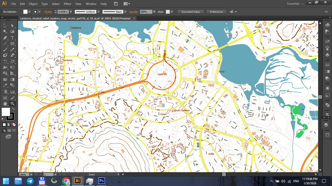 Canberra Australia Shaded Relief Map Vector Exact High Detailed City Plan editable Adobe Illustrator Street Map in layers