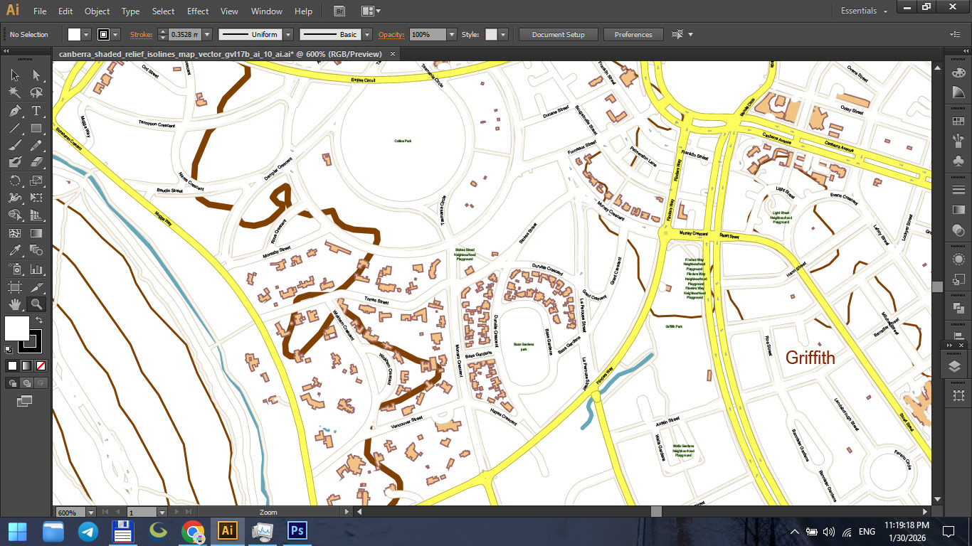 Canberra Australia Shaded Relief Map Vector Exact High Detailed City Plan editable Adobe Illustrator Street Map in layers
