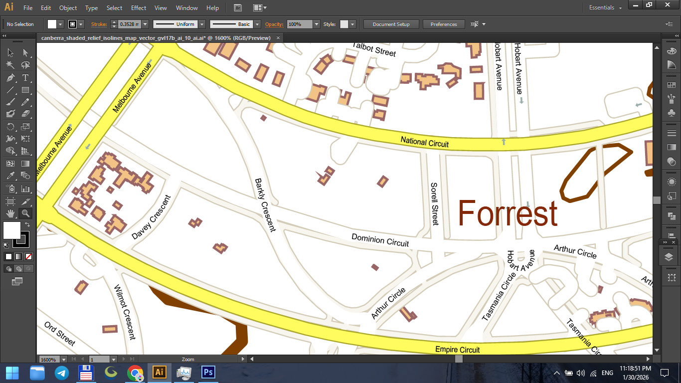 Canberra Australia Shaded Relief Map Vector Exact High Detailed City Plan editable Adobe Illustrator Street Map in layers