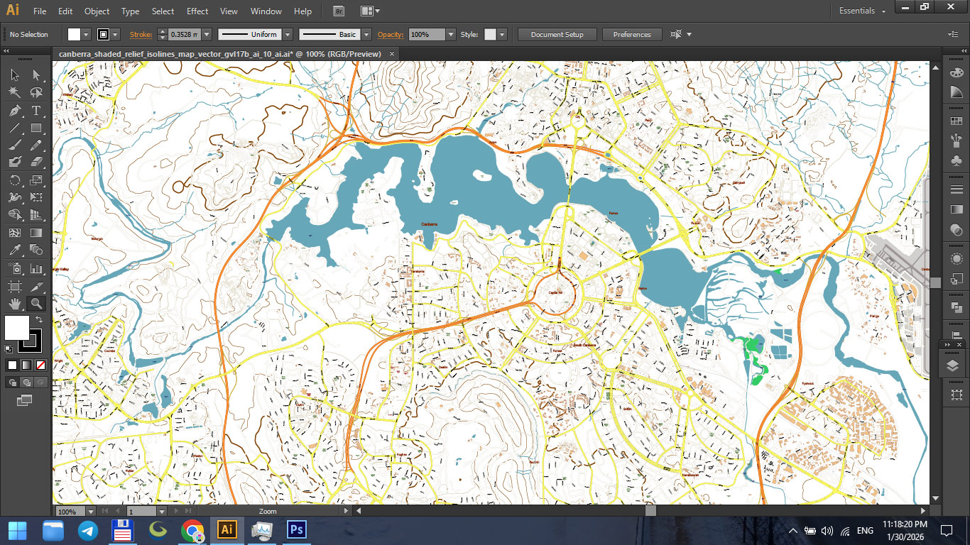 Canberra Australia Shaded Relief Map Vector Exact High Detailed City Plan editable Adobe Illustrator Street Map in layers