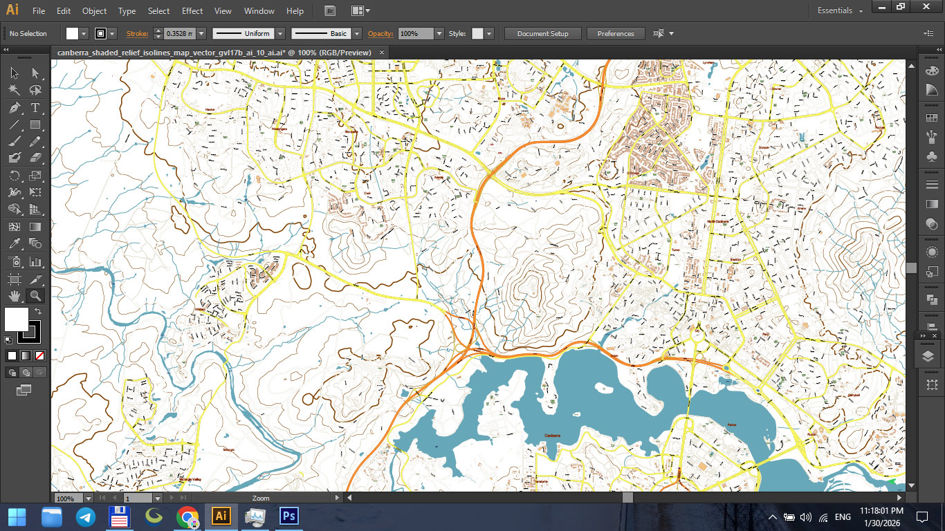 Canberra Australia Shaded Relief Map Vector Exact High Detailed City Plan editable Adobe Illustrator Street Map in layers