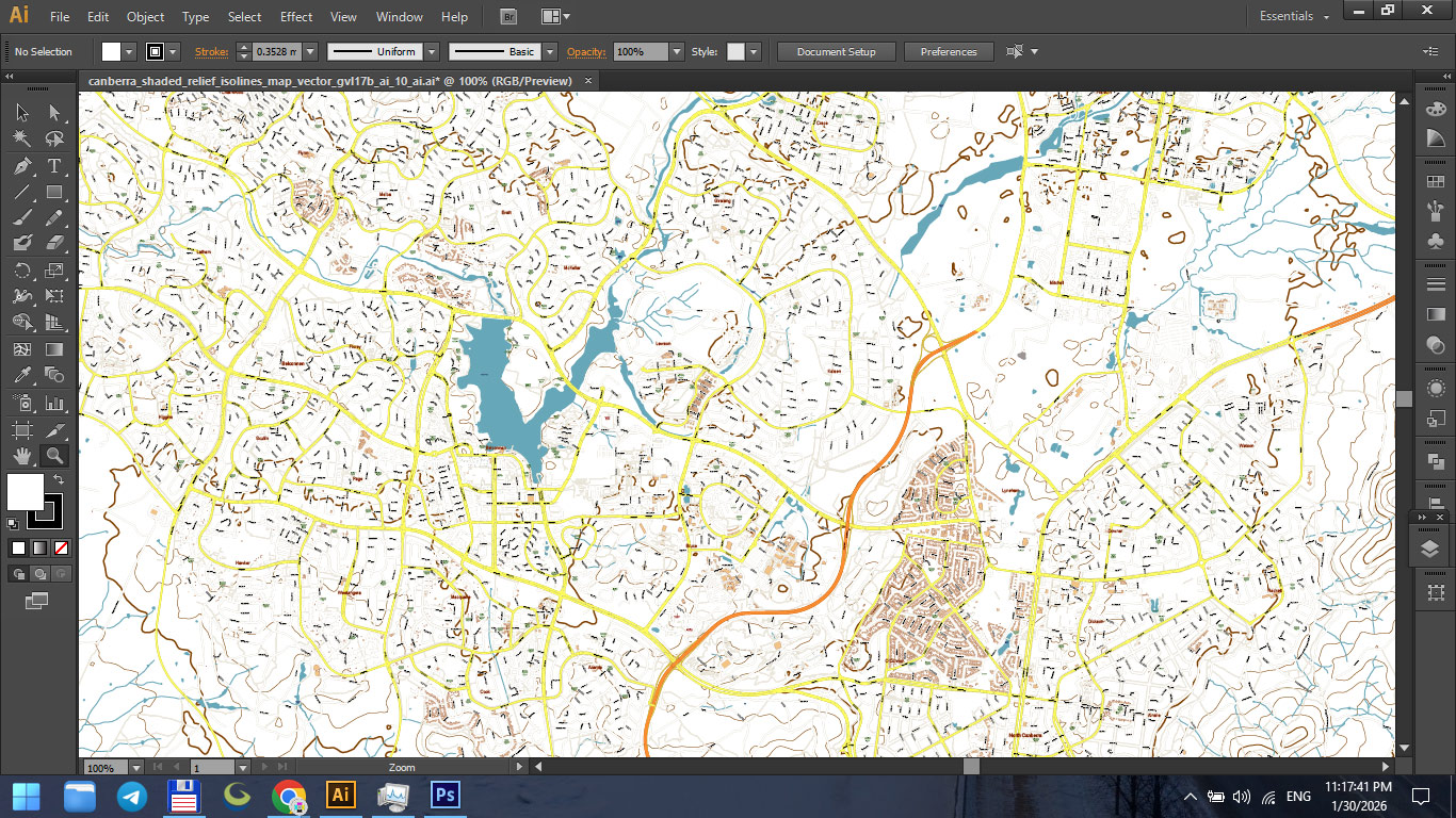 Canberra Australia Shaded Relief Map Vector Exact High Detailed City Plan editable Adobe Illustrator Street Map in layers