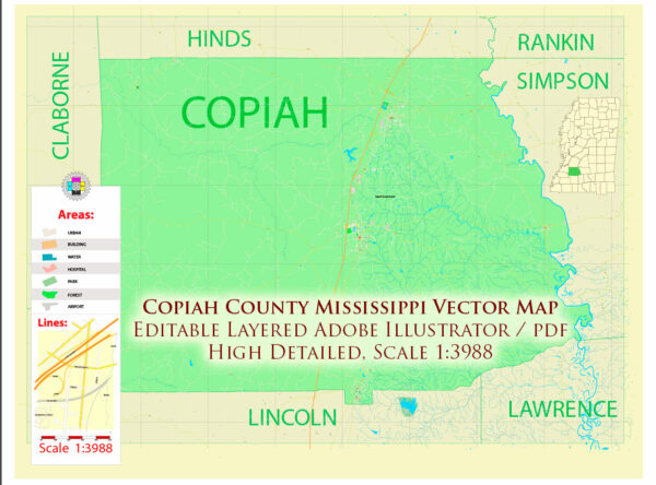 Copiah County Mississippi US Map Vector Exact City Plan detailed Street Map editable Adobe Illustrator in layers