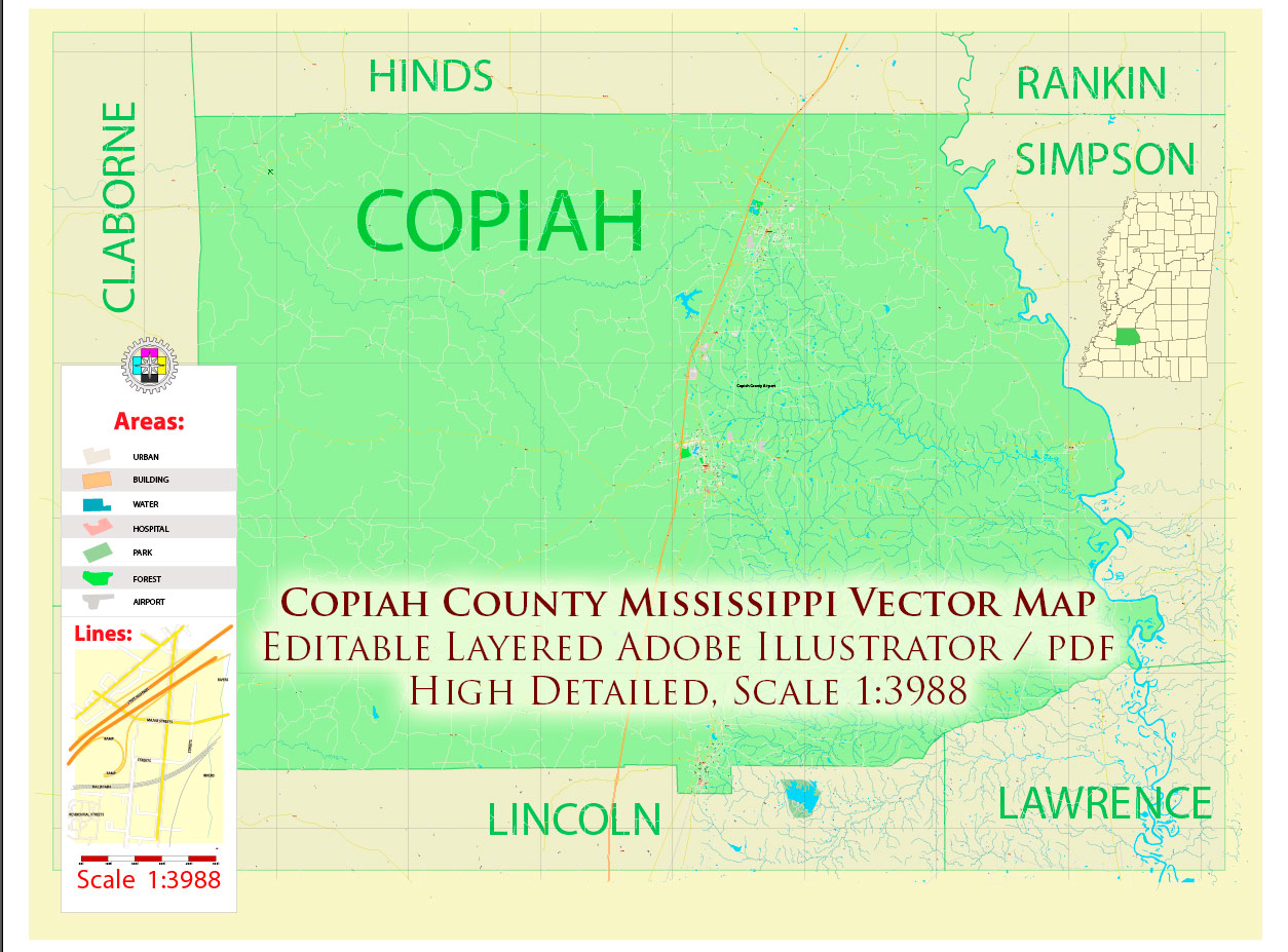 Copiah County Mississippi US Map Vector Exact City Plan detailed Street Map editable Adobe Illustrator in layers