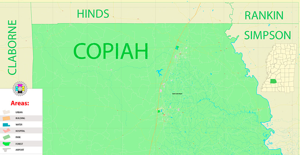 Copiah County Mississippi US Map Vector Exact City Plan detailed Street Map editable Adobe Illustrator in layers