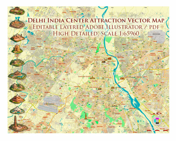 Delhi India Central Area Map Vector Attractions Exact High Detailed Street Map editable Adobe Illustrator in layersDelhi India Central Area Map Vector Attractions Exact High Detailed Street Map editable Adobe Illustrator in layers