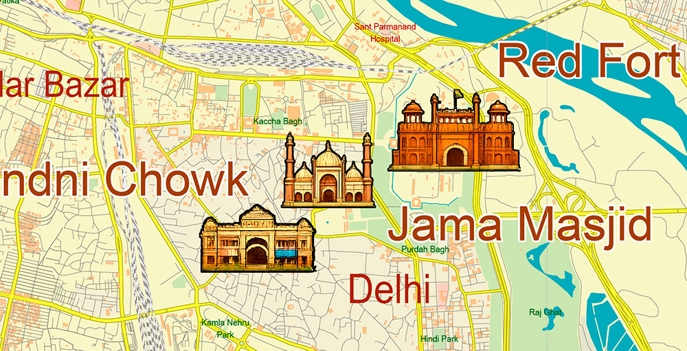 Delhi India Central Area Map Vector Attractions Exact High Detailed Street Map editable Adobe Illustrator in layers