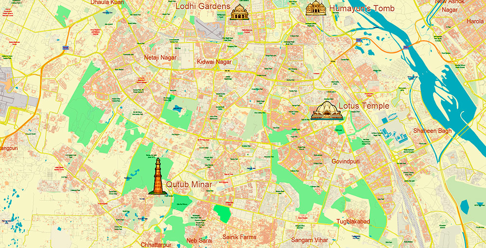 Delhi India Central Area Map Vector Attractions Exact High Detailed Street Map editable Adobe Illustrator in layers