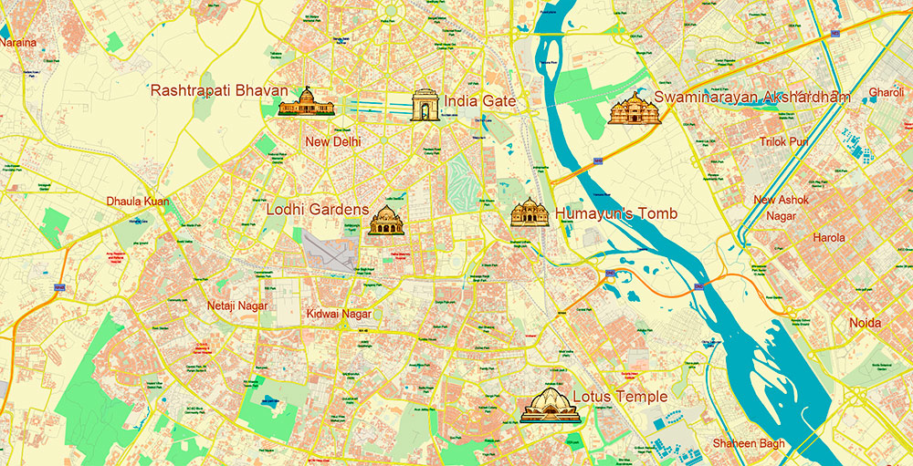 Delhi India Central Area Map Vector Attractions Exact High Detailed Street Map editable Adobe Illustrator in layers