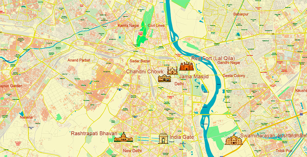 Delhi India Central Area Map Vector Attractions Exact High Detailed Street Map editable Adobe Illustrator in layers