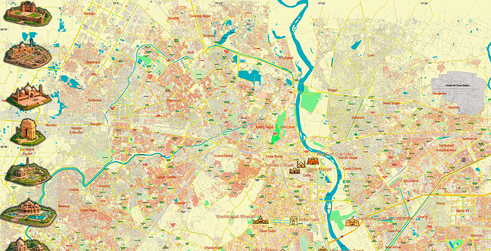 Delhi India Central Area Map Vector Attractions Exact High Detailed Street Map editable Adobe Illustrator in layers