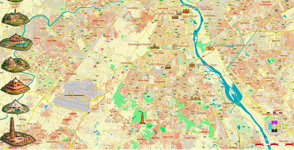 Delhi India Central Area Map Vector Attractions Exact High Detailed Street Map editable Adobe Illustrator in layers