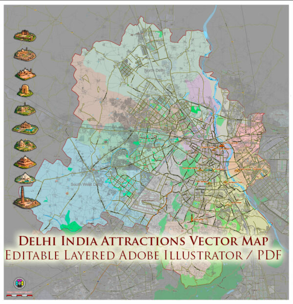 Delhi India Metro Area Map Vector Attractions Exact High Detailed Street Map editable Adobe Illustrator in layers