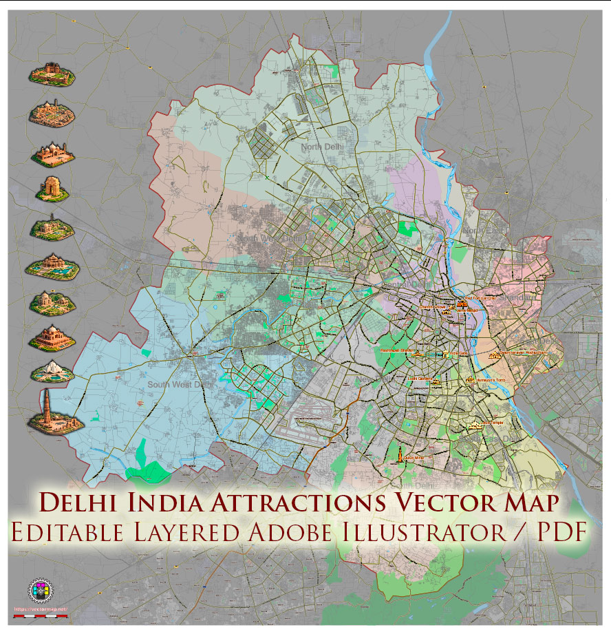 Delhi India Metro Area Map Vector Attractions Exact High Detailed Street Map editable Adobe Illustrator in layers
