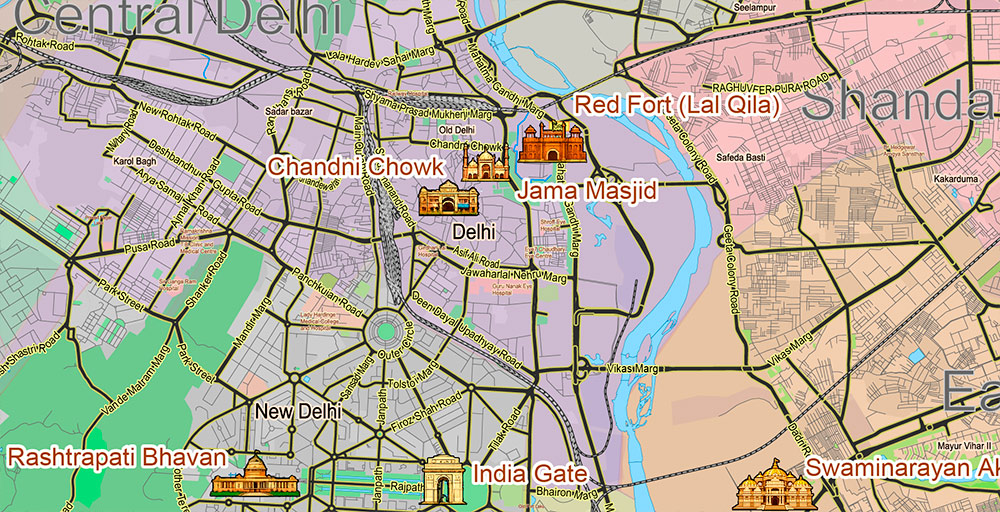 Delhi India Metro Area Map Vector Attractions Exact High Detailed Street Map editable Adobe Illustrator in layers