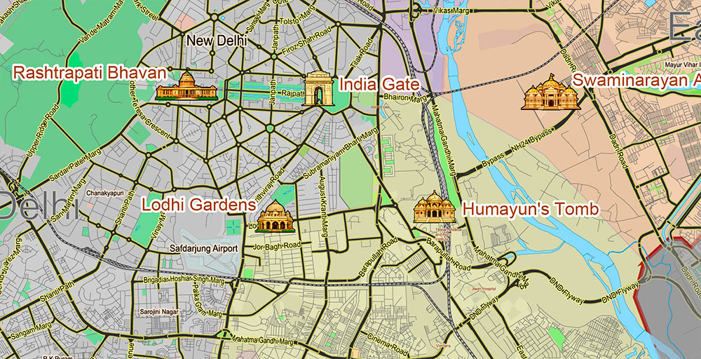 Delhi India Metro Area Map Vector Attractions Exact High Detailed Street Map editable Adobe Illustrator in layers