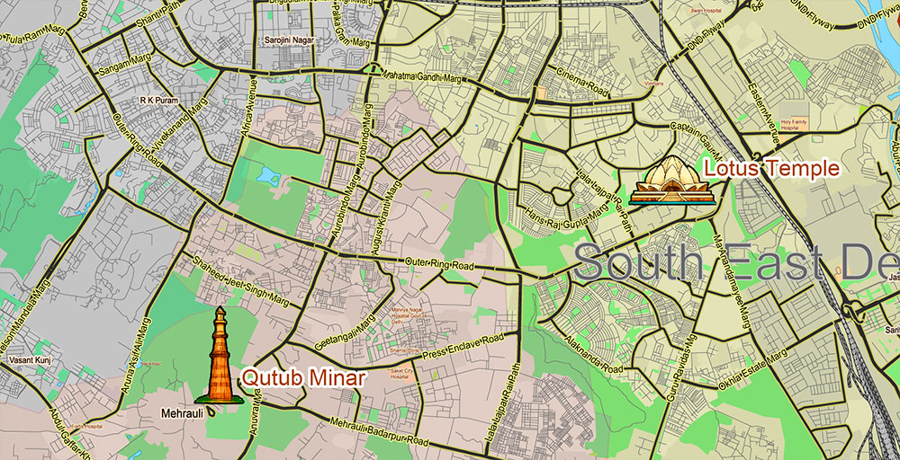 Delhi India Metro Area Map Vector Attractions Exact High Detailed Street Map editable Adobe Illustrator in layers