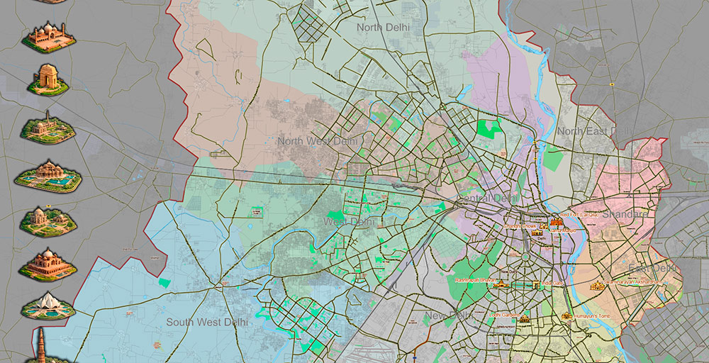 Delhi India Metro Area Map Vector Attractions Exact High Detailed Street Map editable Adobe Illustrator in layers