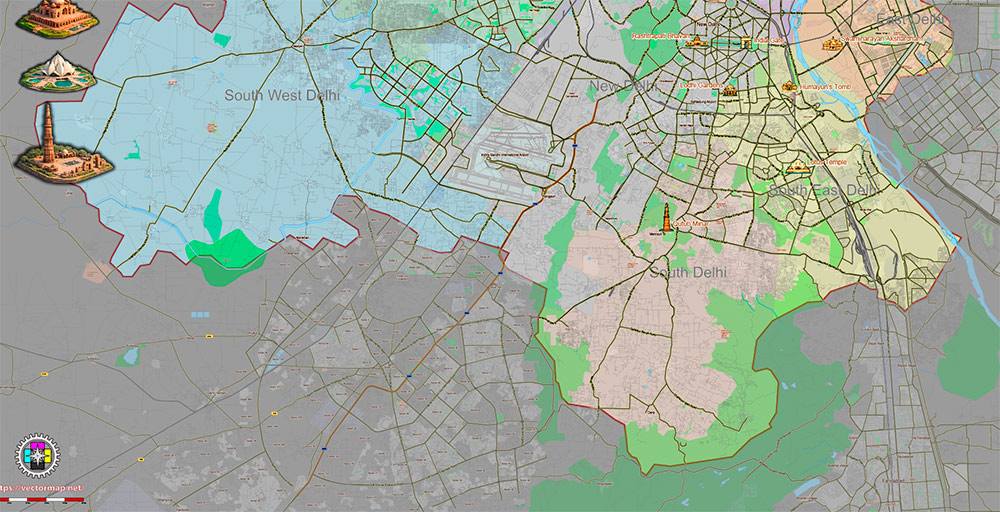 Delhi India Metro Area Map Vector Attractions Exact High Detailed Street Map editable Adobe Illustrator in layers