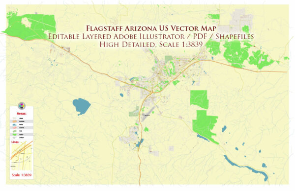 Flagstaff Arizona US Map Vector Exact City Plan detailed Street Map editable layered PDF + DWG + Shapefiles in 1 archive